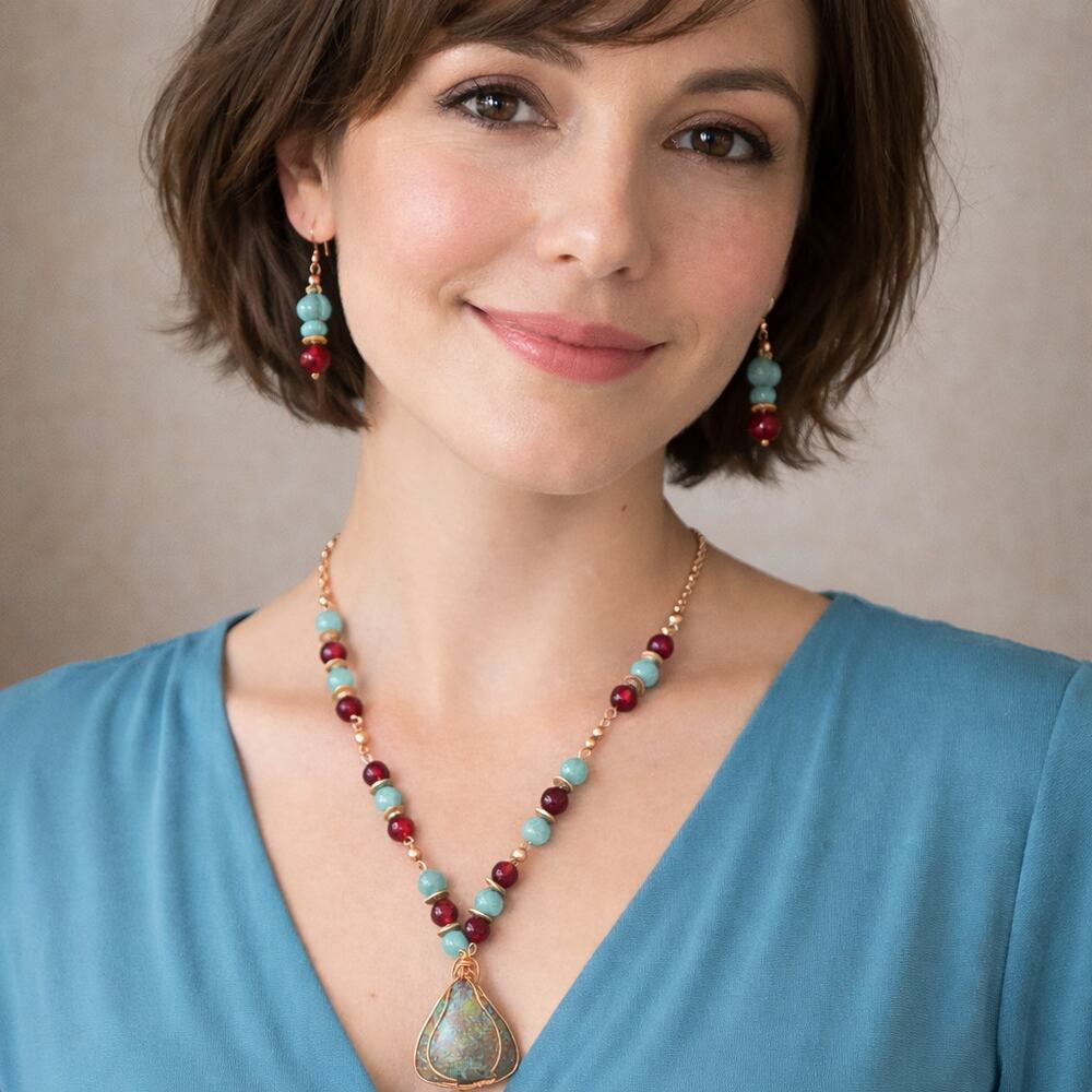 Chrysocolla Triangle 1 1/4" Cabochon Copper Wrapped Carnelian Agate Necklace 20"